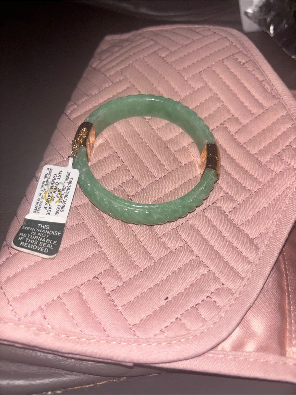 Green Jade-Style Bangle Bracelet with Gold Accents